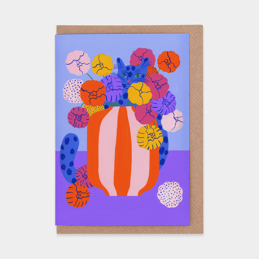 Colourful Blue Cat Greetings Card by Agathe Singer
