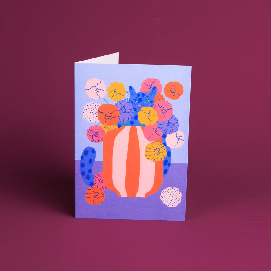 Colourful Blue Cat Greetings Card by Agathe Singer
