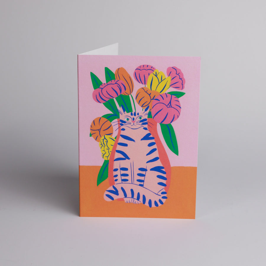 Orange Bouquet Cat Greetings Card by Agathe Singer