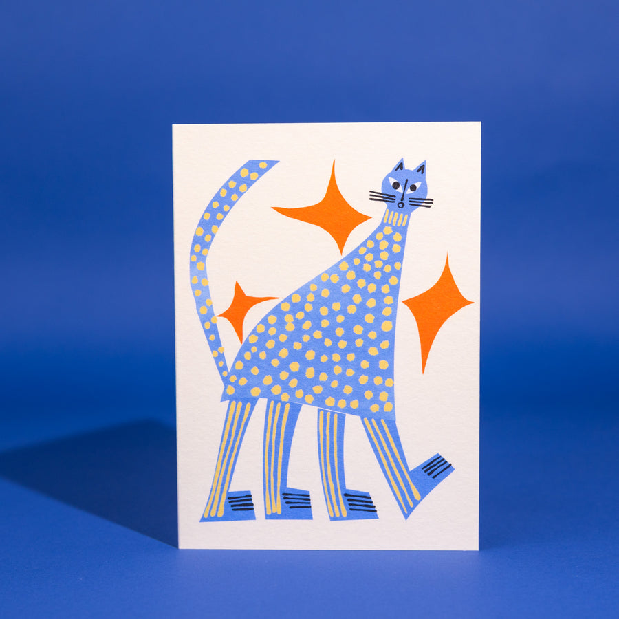Tall Blue Cat Greetings Card by Marcello Velho