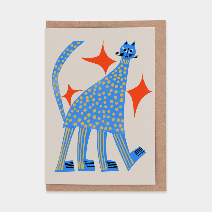 Tall Blue Cat Greetings Card by Marcello Velho